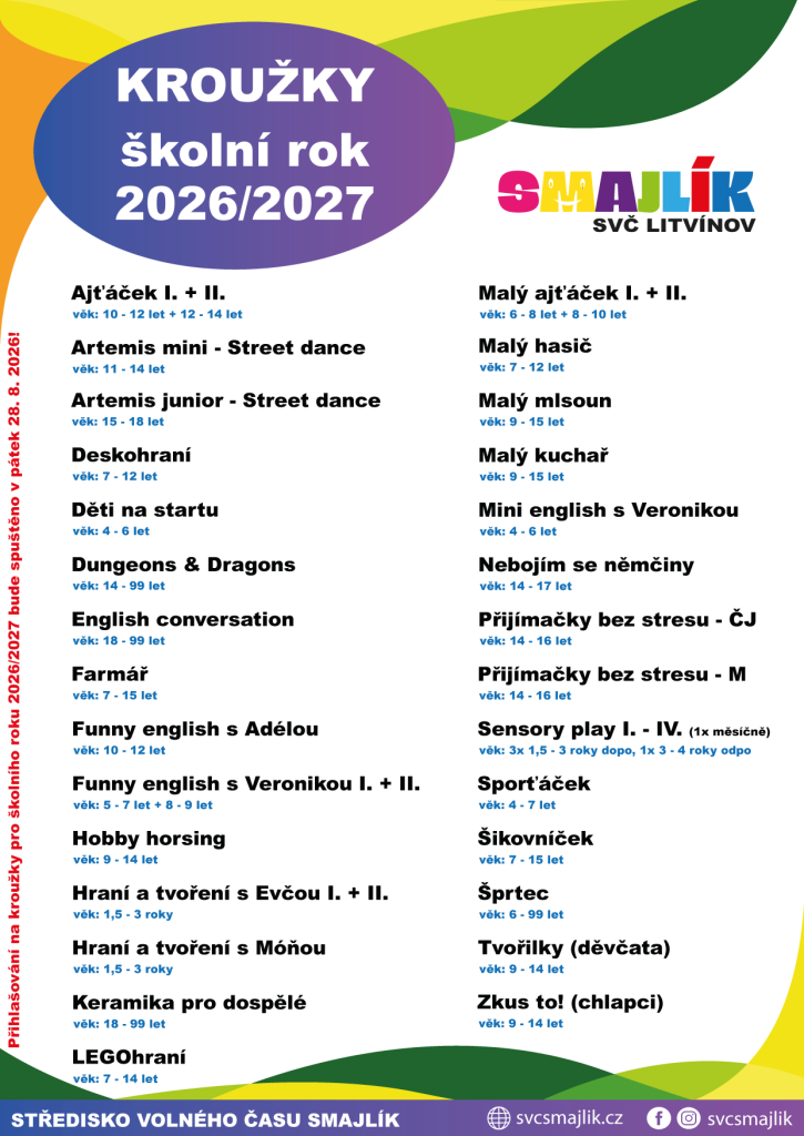 Kroužky na škol. rok 2026/27 zveřejněny